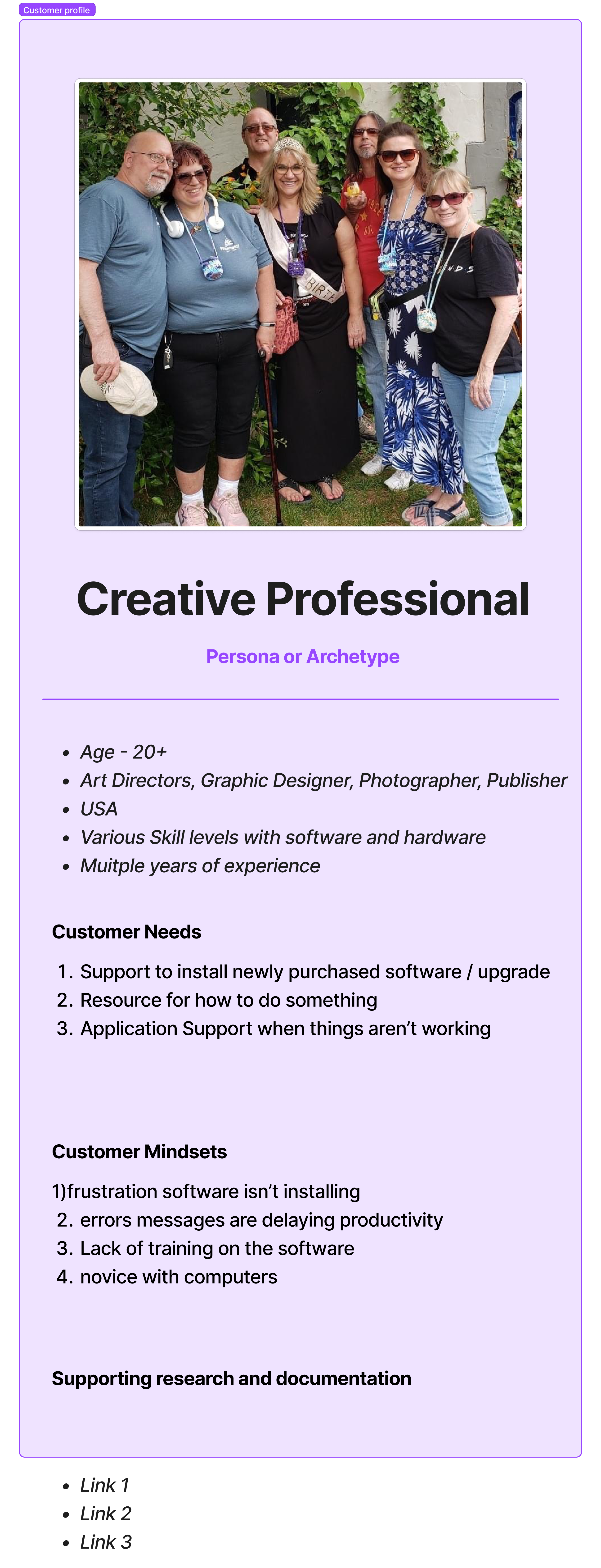 Figma persona diagram for the desktop publishing installation support case study